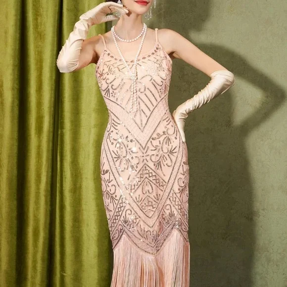Blush Pink Art Deco Sequin Flapper Dress - Picture 2 of 7